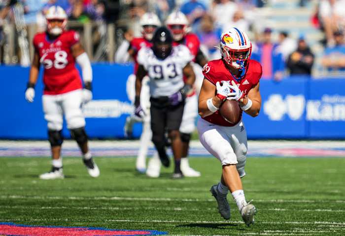 Oct 8, 2022; Lawrence, Kansas, USA; Kansas Jayhawks tight end Mason Fairchild (89) catches a pass during the first half against the TCU Horned Frogs at David Booth Kansas Memorial Stadium. Mandatory Credit: Jay Biggerstaff-USA TODAY Sports